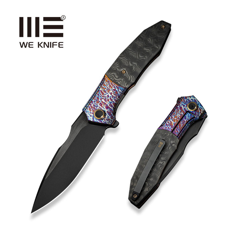 WEKNIFE Archeozoic Flipper Knife Flamed Titanium Handle With Rose Carbon Fiber Inlay (4" Black Stonewashed Bevels, Black Brushed Flats Bohler M390 Blade) WE23091 - 3