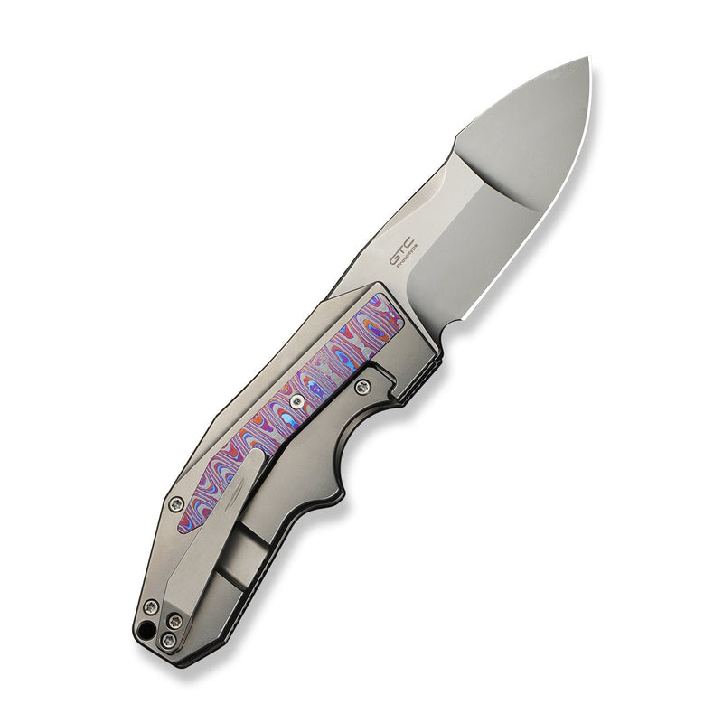 WEKNIFE Coral Flipper Knife Polished Bead Blasted Titanium Handle With Timascus Inlay (2.95" Polished Bead Blasted CPM 20CV Blade) WE24044 Sample1