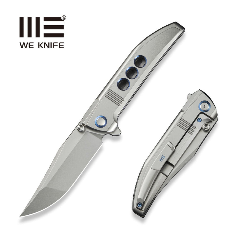 WEKNIFE Ezinta Flipper & Thumb Stud Knife Polished Bead Blasted Titanium Integral Handle With Blue Holes (3.99" Polished Bead Blasted Bohler M390 Blade) WE22041 - 2