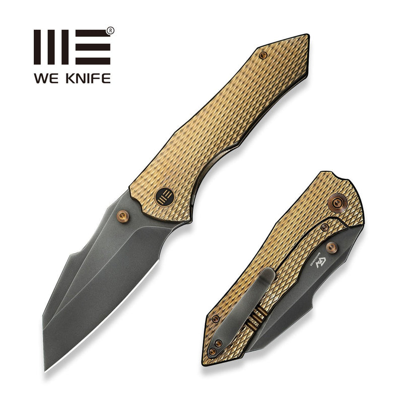 WEKNIFE High - Fin XL Thumb Stud Knife Diamond Patterned Golden Polished Titanium Handle (3.48" Polished Gray CPM 20CV Blade) WE24010 - 3