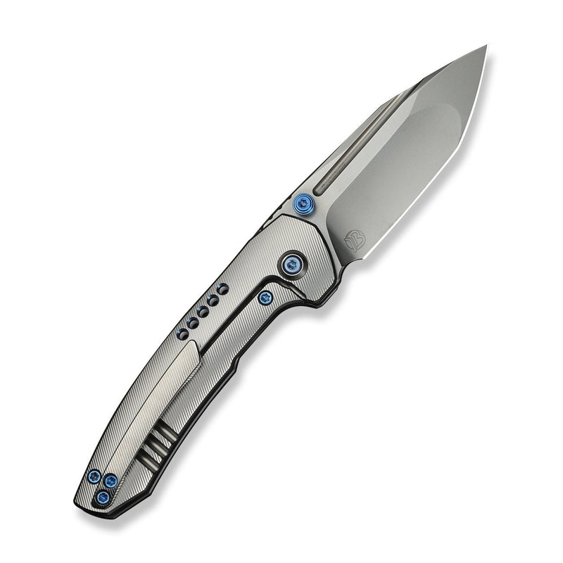 WEKNIFE Micro Trogon Thumb Stud Knife Satin Polished Titanium Handle with Blue Holes (2.68" Polished Bead Blasted Bohler M390 Blade) WE24043 Sample1