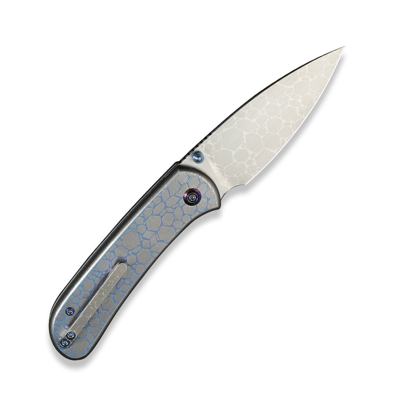 WEKNIFE Qubit Thumb Stud & Button Lock Knife Gray Titanium With Blue Etching Pattern (3.2" Hand Rubbed Stain CPM 20CV Blade With Laser Pattern) WE22030F - 2024 BS2