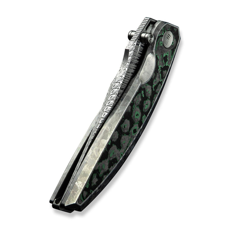 WEKNIFE Quinseris Flipper & Thumb Stud Knife Crystalized Silver Titanium Handle With Jungle Wear Fat Carbon Fiber Inlay (3.96" Fafnir Damasteel Blade) WE23093 - DS1