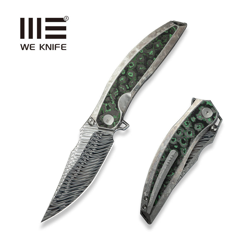 WEKNIFE Quinseris Flipper & Thumb Stud Knife Crystalized Silver Titanium Handle With Jungle Wear Fat Carbon Fiber Inlay (3.96" Fafnir Damasteel Blade) WE23093 - DS1