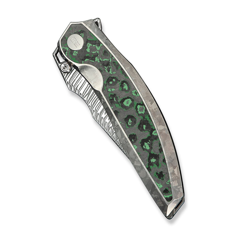 WEKNIFE Quinseris Flipper & Thumb Stud Knife Crystalized Silver Titanium Handle With Jungle Wear Fat Carbon Fiber Inlay (3.96" Fafnir Damasteel Blade) WE23093 - DS1