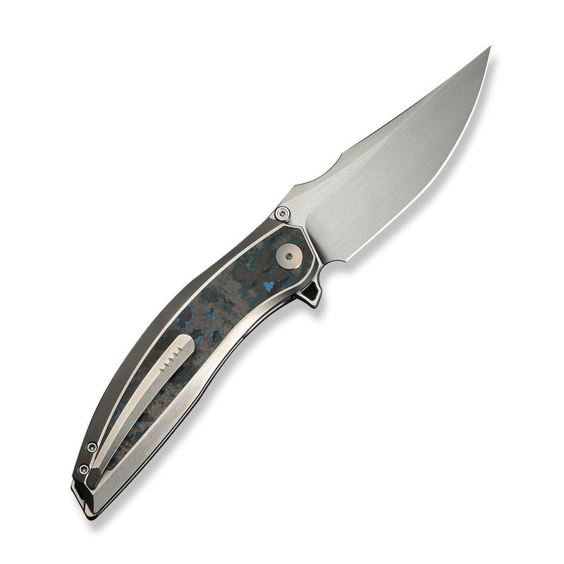 WEKNIFE Quinseris Thumb Stud & Flipper Knife Polished Bead Blasted Titanium With Black & Blue Arctic Storm Fat Carbon Fiber Inlay (3.96" Hand Rubbed Satin Bohler M390 Blade) WE23093 Sample2