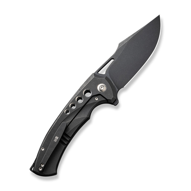 WEKNIFE Swiftfin Flipper & Thumb Hole Knife Black Titanium Handle With Satin Holes (3.8" Black Stonewashed CPM 20CV Blade) WE23051 - 1