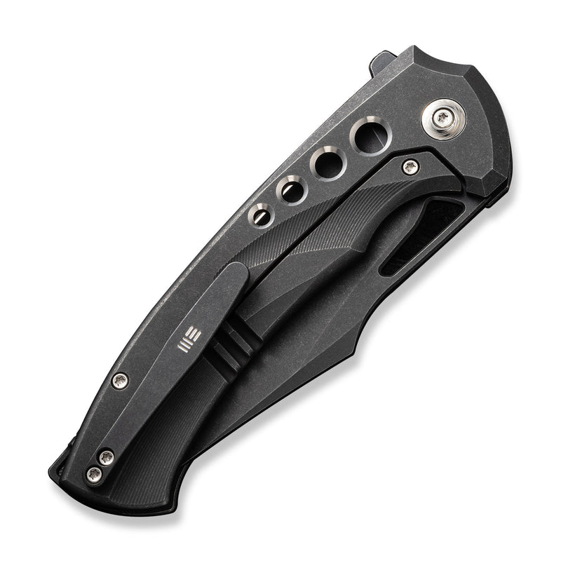 WEKNIFE Swiftfin Flipper & Thumb Hole Knife Black Titanium Handle With Satin Holes (3.8" Black Stonewashed CPM 20CV Blade) WE23051 - 1