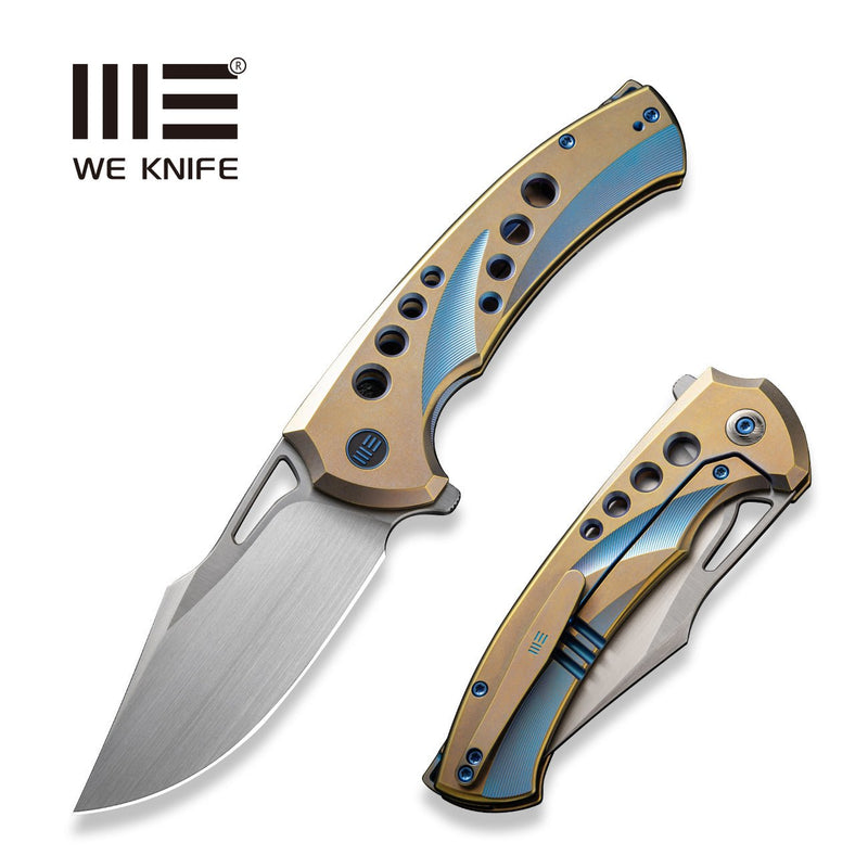 WEKNIFE Swiftfin Flipper & Thumb Hole Knife Golden / Blue Titanium Handle With Blue Holes (3.8" Hand Rubbed Satin CPM 20CV Blade) WE23051 - 4