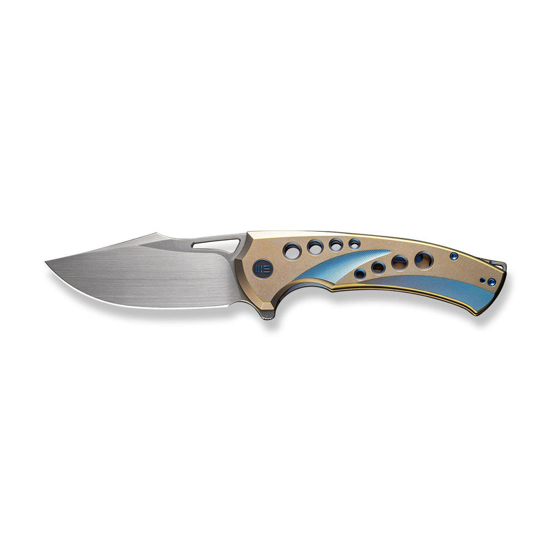 WEKNIFE Swiftfin Flipper & Thumb Hole Knife Golden / Blue Titanium Handle With Blue Holes (3.8" Hand Rubbed Satin CPM 20CV Blade) WE23051 - 4