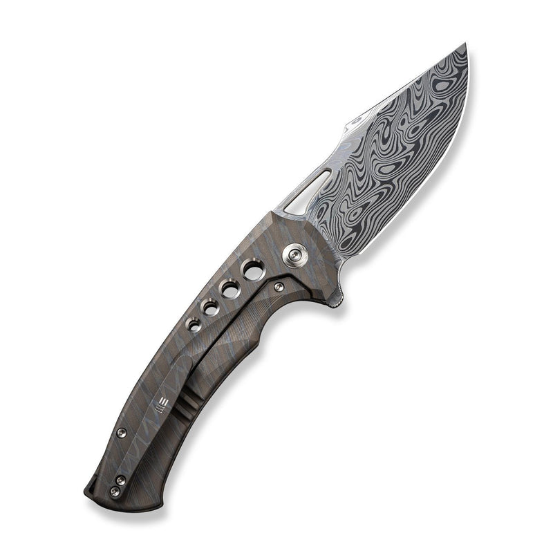 WEKNIFE Swiftfin Flipper & Thumb Hole Knife Tiger Stripe Pattern Flamed Titanium Handle With Satin Holes (3.8" Thor Damasteel Blade) WE23051 - DS1