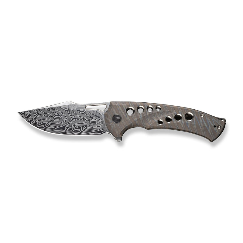 WEKNIFE Swiftfin Flipper & Thumb Hole Knife Tiger Stripe Pattern Flamed Titanium Handle With Satin Holes (3.8" Thor Damasteel Blade) WE23051 - DS1