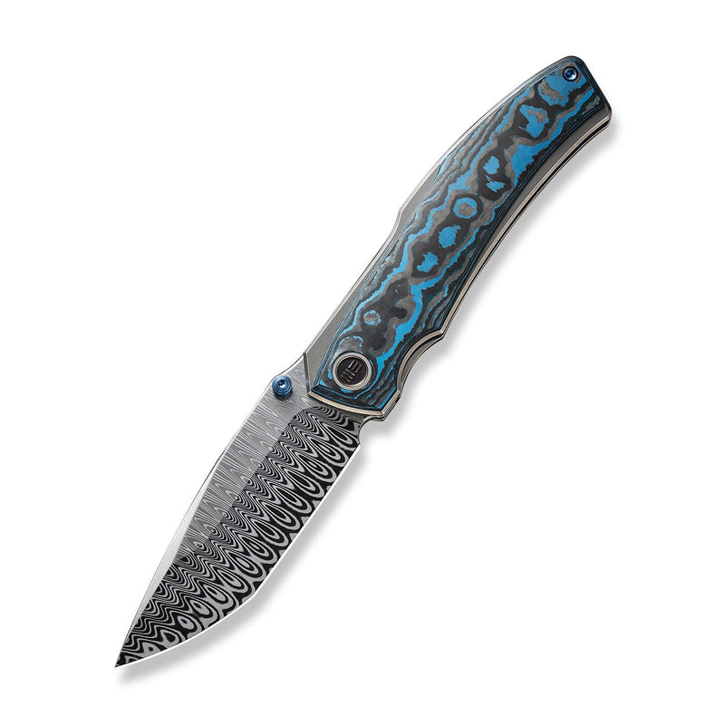 WEKNIFE Swordfin Front Flipper & Thumb Stud Knife Arctic Storm Fat Carbon Fiber Handle Polished Bead Blasted Titanium Liner (3.28" Hugin Damasteel Blade) WE23067-DS1