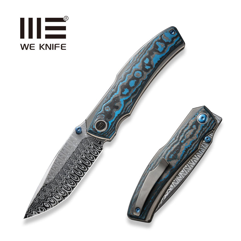 WEKNIFE Swordfin Front Flipper & Thumb Stud Knife Arctic Storm Fat Carbon Fiber Handle Polished Bead Blasted Titanium Liner (3.28" Hugin Damasteel Blade) WE23067-DS1