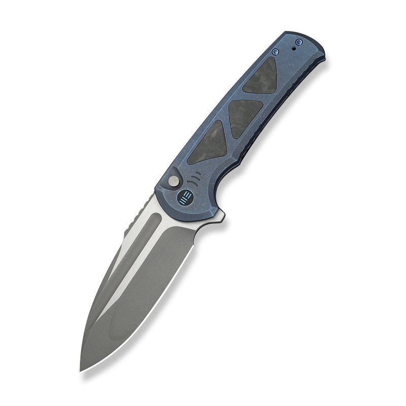 WEKNIFE Sylox Flipper & Button Lock Knife Blue Titanium Handle With Shredded Carbon Fiber Inlay (3.8" Gray Stonewashed Bohler M390 Blade, Satin Flat) WE24027 - 2