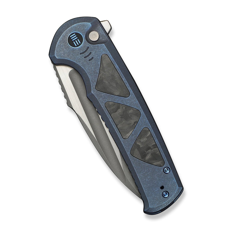 WEKNIFE Sylox Flipper & Button Lock Knife Blue Titanium Handle With Shredded Carbon Fiber Inlay (3.8" Gray Stonewashed Bohler M390 Blade, Satin Flat) WE24027 - 2