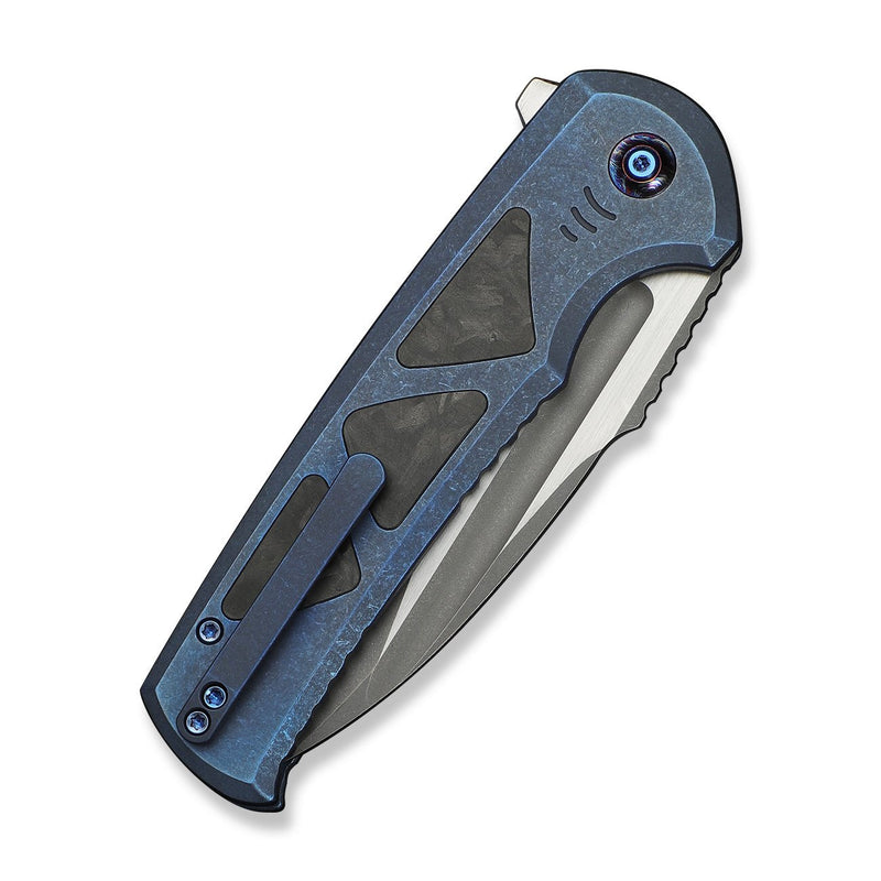 WEKNIFE Sylox Flipper & Button Lock Knife Blue Titanium Handle With Shredded Carbon Fiber Inlay (3.8" Gray Stonewashed Bohler M390 Blade, Satin Flat) WE24027 - 2