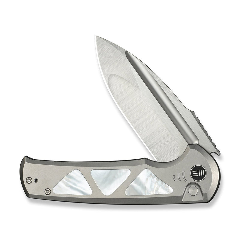 WEKNIFE Sylox Flipper & Button Lock Knife Gray Titanium Handle With Mother of Pearl Inlay (3.8" Hand Polished Satin Bohler M390 Blade) WE24027 - 4