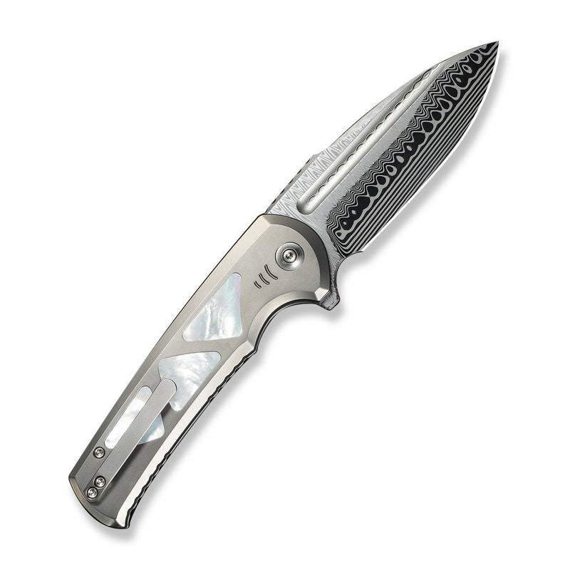 WEKNIFE Sylox Flipper & Button Lock Knife Polished Bead Blasted Titanium Handle With Mother of Pearl Inlay (3.8" Hugin Damasteel Blade) WE24027 - DS1