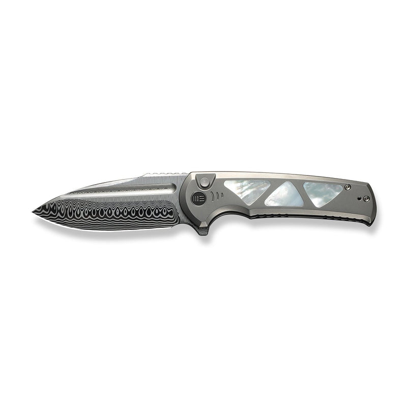 WEKNIFE Sylox Flipper & Button Lock Knife Polished Bead Blasted Titanium Handle With Mother of Pearl Inlay (3.8" Hugin Damasteel Blade) WE24027 - DS1