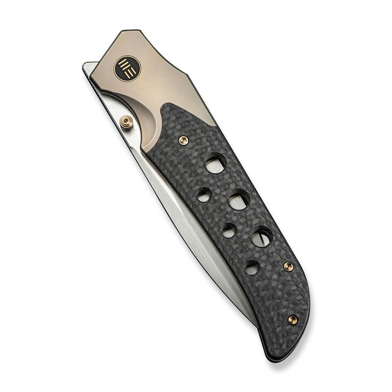 WEKNIFE WE - Guthrie Thumb Stud & Front Flipper Knife Champagne Titanium Handle With Twill Carbon Fiber Inlay (3.94" Hand Rubbed Satin CPM 20CV Blade) WE23072B - 2