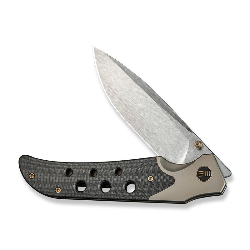 WEKNIFE WE - Guthrie Thumb Stud & Front Flipper Knife Champagne Titanium Handle With Twill Carbon Fiber Inlay (3.94" Hand Rubbed Satin CPM 20CV Blade) WE23072B - 2