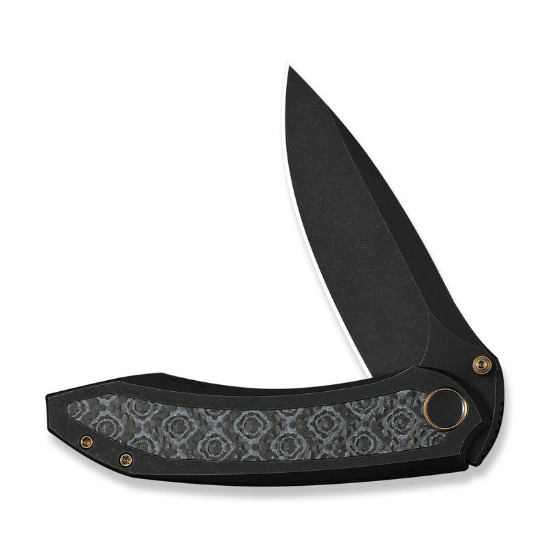 WEKNIFE Winsome Thumb Stud & Front Flipper Knife Black Titanium Handle With Layered Gray G10 and Rose Pattern Carbon Fiber Inlay (3.74" Black Stonewashed Bohler M390 Blade) WE23092 - 1