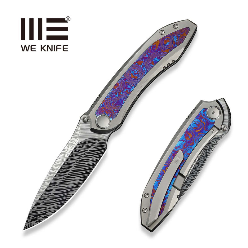 WEKNIFE Winsome Thumb Stud & Front Flipper Knife Polished Bead Blasted Titanium Handle With Timascus Inlay (3.74" Fafnir Damasteel Blade) WE23092 - DS1