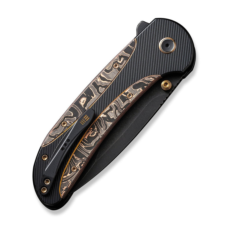 WEKNIFE Zizzit Flipper & Thumb Stud & Button Lock Knife Black Titanium Handle With Copper Foil Carbon Fiber Inlay (3.8" Black Stonewashed CPM 20CV Blade) WE23031-1