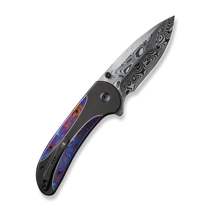 WEKNIFE Zizzit Flipper & Thumb Stud & Button Lock Knife Black Titanium Handle With Timascus Inlay (3.8" Thor Damasteel Blade) WE23031-DS1