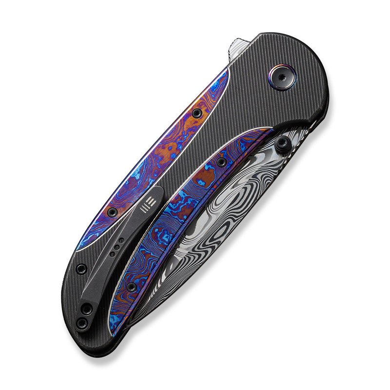 WEKNIFE Zizzit Flipper & Thumb Stud & Button Lock Knife Black Titanium Handle With Timascus Inlay (3.8" Thor Damasteel Blade) WE23031-DS1