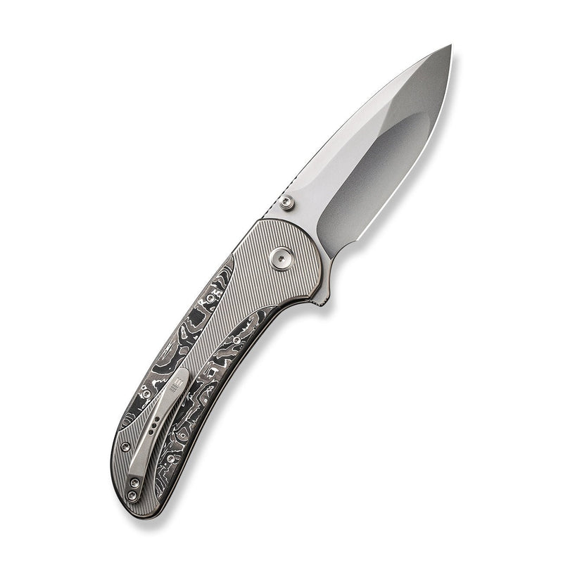 WEKNIFE Zizzit Flipper & Thumb Stud & Button Lock Knife Polished Bead Blasted Titanium Handle With Aluminum Foil Carbon Fiber Inlay (3.8" Polished Bead Blasted CPM 20CV Blade) WE23031-2