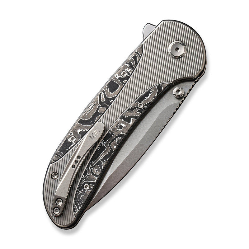 WEKNIFE Zizzit Flipper & Thumb Stud & Button Lock Knife Polished Bead Blasted Titanium Handle With Aluminum Foil Carbon Fiber Inlay (3.8" Polished Bead Blasted CPM 20CV Blade) WE23031-2