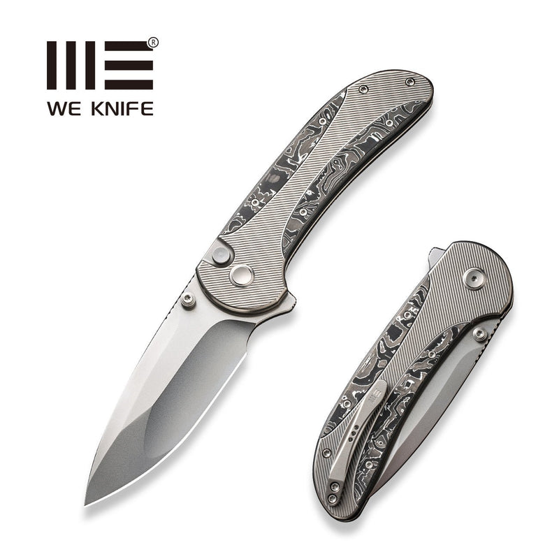 WEKNIFE Zizzit Flipper & Thumb Stud & Button Lock Knife Polished Bead Blasted Titanium Handle With Aluminum Foil Carbon Fiber Inlay (3.8" Polished Bead Blasted CPM 20CV Blade) WE23031-2