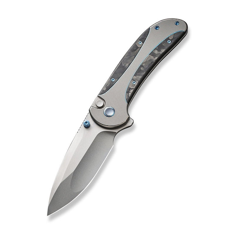 WEKNIFE Zizzit Flipper & Thumb Stud & Button Lock Knife Polished Bead Blasted Titanium Handle With Marble Carbon Fiber Inlay (3.8" Polished Bead Blasted CPM 20CV Blade) WE23031-3